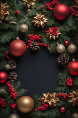 Christmas decorations with ornaments and pinecones arranged around a dark center