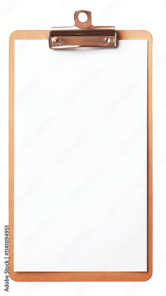 Poster blank white paper attached to clipboard, offering space for text or design, isolated on a clear back