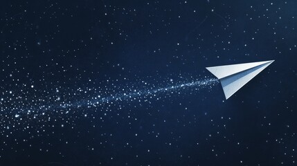Paper airplane with a trail that creates stars, navy blue background generative ai