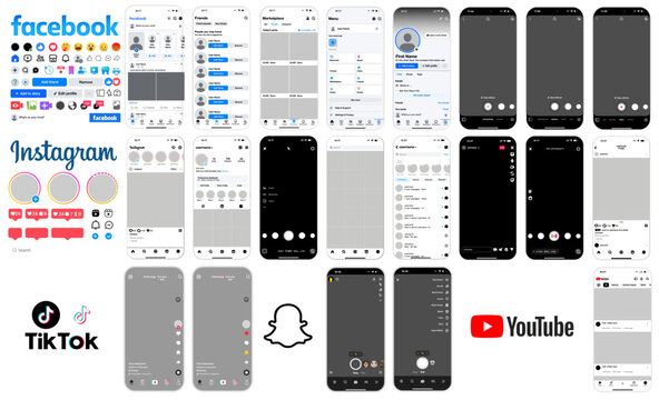 Tik Tok, Youtube, Instagram and Facebook, Snapchat mockup. Big Set screen social media network interface template. Homepage Stories, liked, stream. Editorial