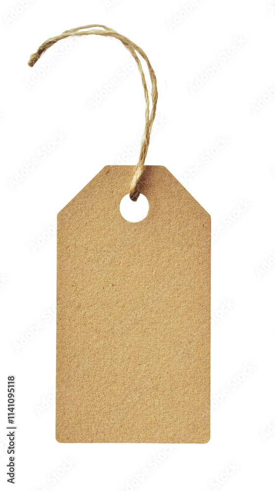 Poster Rectangular brown cardboard price tag hanging from a string, isolated on a transparent background