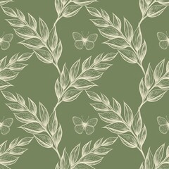 Fototapeta premium Seamless Milk Elegant Botanical Small Leaves with Butterfly Pattern on Soft Green Background