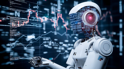 Robot with digital interface analyzing data trends and binary code