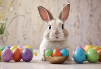 Bunny holding an Easter egg with colorful eggs in the background,  grass, eggs,  celebration