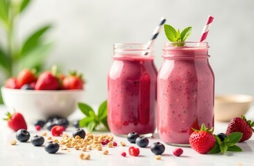 Fresh berry smoothie in glass jars with straw and mint leaves on table