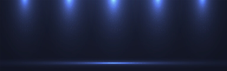 Spotlight background. Rays with glitter effect. Empty space with spotlights and dust. Award ceremony light. Stage with soft beams. Product display template. Vector illustration.