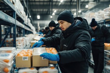 Workers in waterproof jackets and gloves carefully pack boxes on a loading dock during a snowy day.