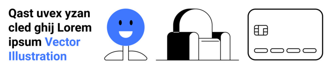 Simplified drawing of smiling blue face, office bag, and credit card with text placeholder. Ideal for business, travel, finance, digital transactions, corporate identity, technology marketing