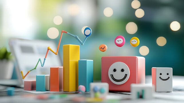 Colorful graphs and emotive faces represent consumer sentiment analysis
