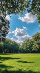 Fototapeta premium beautiful wooded park with a blue sky with clouds with copy space vertically 9:16