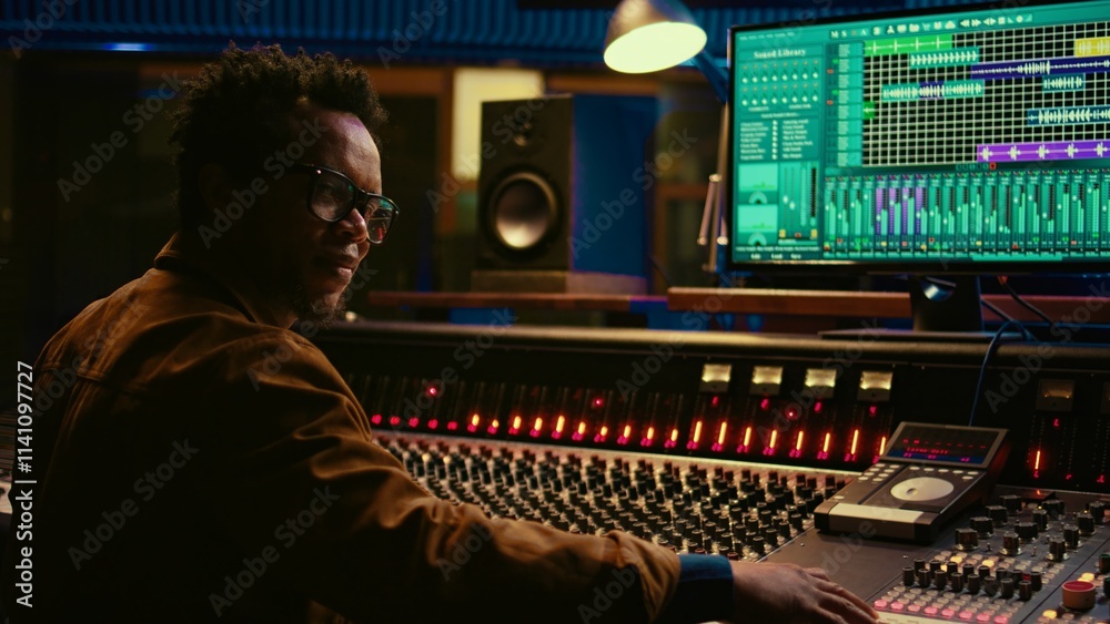 Poster Portrait of african american audio technician uses mixing console with knobs and sliders in control room, editing recordings and adding sound effects. Skilled music producer at mixer. Camera B.