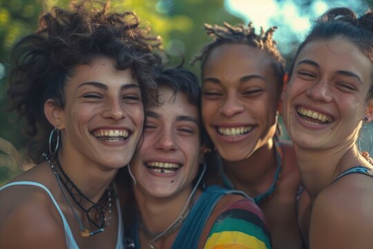 Happy queer friends bonding outdoors  embracing and smiling together.