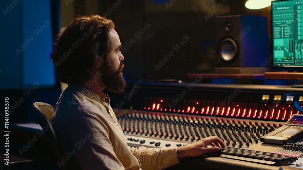 Poster Sound designer processing and mixing tunes in control room, working on a new album in professional recording studio. Audio expert using control panel board with buttons and sliders. Camera A.