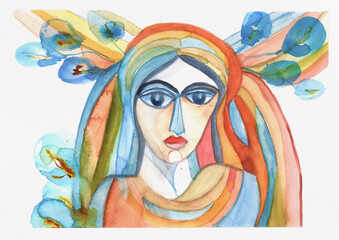 An Abstract Folk Girl Surrounded by Organic Plant Elements, hand-made watercolor