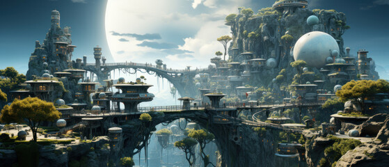 detailed fantasy landscape depicting a city built on giant rocks suspended in the air.  