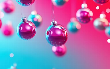 A vibrant holiday background featuring floating 3D ornaments in vivid neon pink and turquoise over a gradient background
