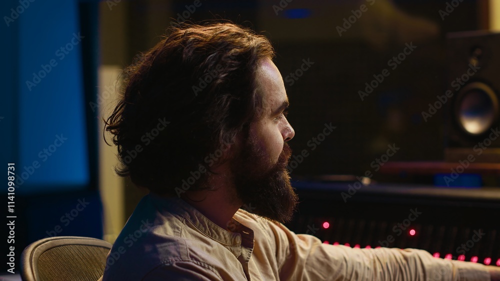 Poster Audio expert working on recording and editing new music album, processing sounds and using mixing console in control room. Technician pushing buttons an switchers in professional studio. Camera A.