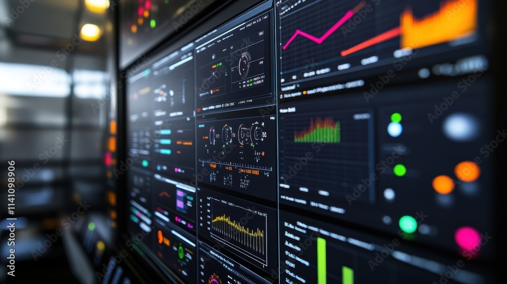 Poster a digital dashboard filled with colorful graphs dials and alerts depicting machine performance metri