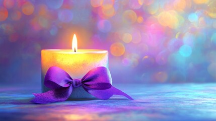 Illuminated Candle Adorned With A Purple Bow