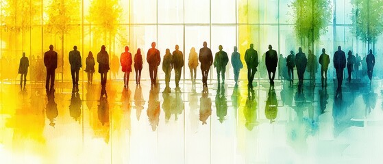 Diverse Group of Silhouetted Figures with Colorful Reflections in Modern Glass Building Interior