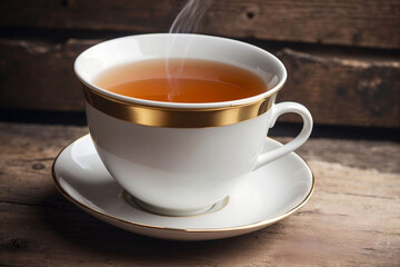Obraz premium Warm cup of tea resting on rustic wooden surface with steam rising gently