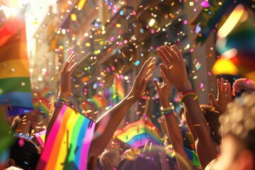 Pride community at a parade with hands raised and the LGBT flag.