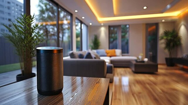 Modern living room with smart speaker on table and stylish decor in cozy evening lighting