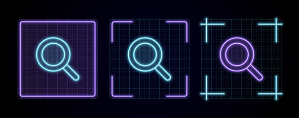 Search icon illustration, cyber neon visual, glowing border grid vector.