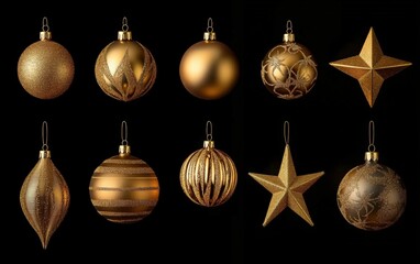 Fototapeta premium A collection of golden Christmas ornaments, including shiny baubles and delicate stars, glowing softly against a deep black background