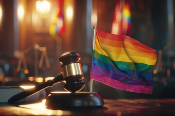 Rainbow pride flag and gavel. LGBTQ+ discrimination  legislation  and gay rights concept.