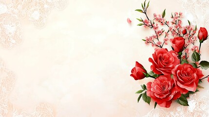 Obraz premium Valentine's Day cards printable. A vibrant arrangement of red roses and delicate blossoms on a soft background, perfect for celebrations and romantic occasions.