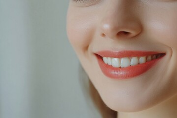 Obraz premium Young woman with a bright smile showcasing well-groomed teeth and subtle makeup at home
