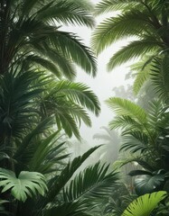 Fototapeta premium Tropical palm leaves in a serene jungle setting, leaves, foliage, outdoors