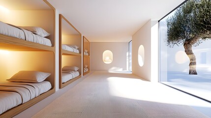 Modern hostel dormitory with neatly arranged bunk beds, each with personal lighting and storage, minimalist decor, large windows offering natural light
