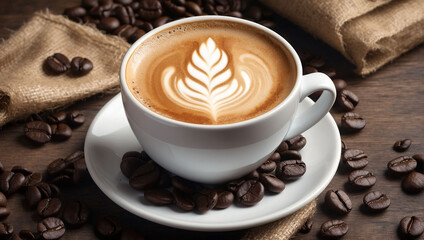 Obraz premium Coffee cup with intricate latte art and roasted beans on wooden table