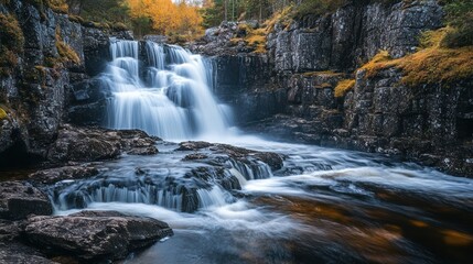 Fototapeta premium Serene Waterfall Cascading Through Autumnal Rocks