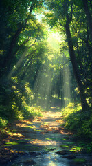 Obraz premium minimalist forest stream with simple lines and soft colors,