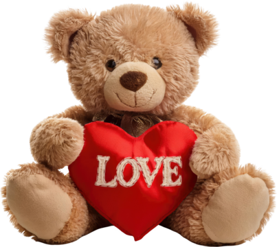 A cute teddy bear holding a red heart with the word "LOVE" embroidered on it, symbolizing affection and warmth.