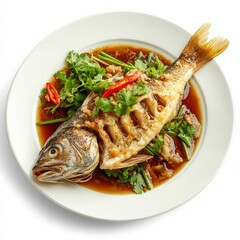 Steamed fish on a plate isolated on white background