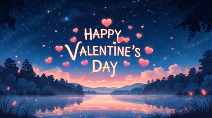Romantic Valentine's Day Lake Scene: A Serene Night Sky with Hearts and Tranquil Waters