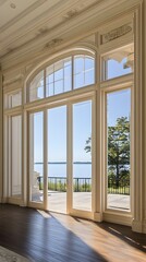 Obraz premium Bright interior with large windows showcasing a scenic view of water and trees.