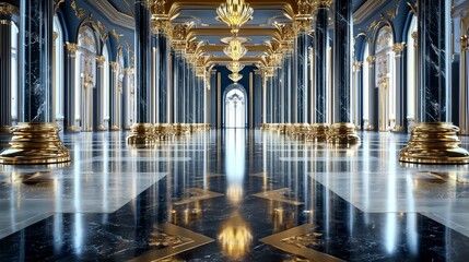 Lavish castle interior in golden and blue tones, high ceilings, majestic pillars, black marble accents, perfect for a regal fantasy setting