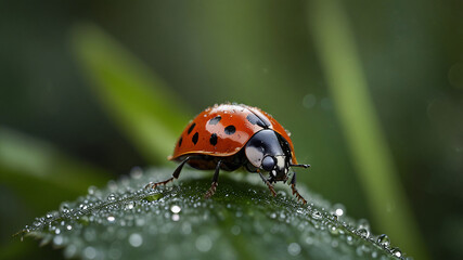 Fototapeta premium Macro shot of a ladybug on a textured green leaf with dewdrops, glistening under morning light. Perfect for nature, wildlife, freshness, and environmental concepts.