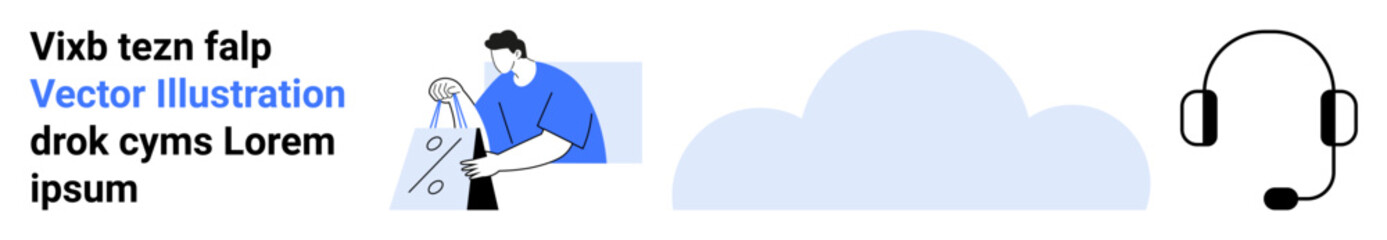 Man repairing a large smartphone screen with a headset and cloud icon nearby. Ideal for tech support, customer service, mobile repairs, software development, cloud computing, online assistance