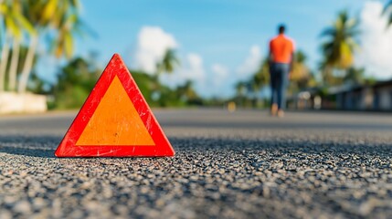 Red Emergency Triangle on Roadside with Person Walking The red emergency triangle signals danger on the road concept.