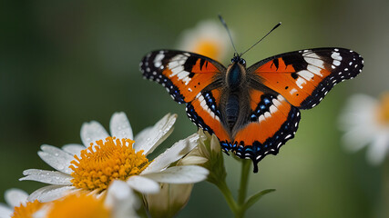 Obraz premium Colorful butterfly with striking patterns rests on a flower petal. Morning light enhances the details, while a blurred green and gold background adds warmth and serenity to the scene.