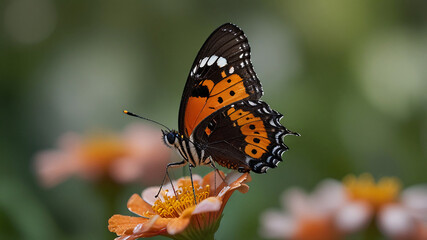 Fototapeta premium Macro nature shot of a butterfly perched on a delicate flower. Its vibrant wings contrast beautifully with the soft, golden green bokeh background, enhancing the serene atmosphere.