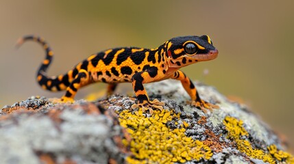 Fototapeta premium Exotic gecko flawlessly camouflaged on a multicolored lichen-covered rock, vibrant yet understated, macro focus