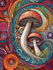 Obraz premium bright colorful mushrooms mosaic, doodle art, abstract, surrealism