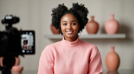 Young Woman Showcasing Artistic Vases in Live Stream, Online selling of vases by a beautiful woman concept.